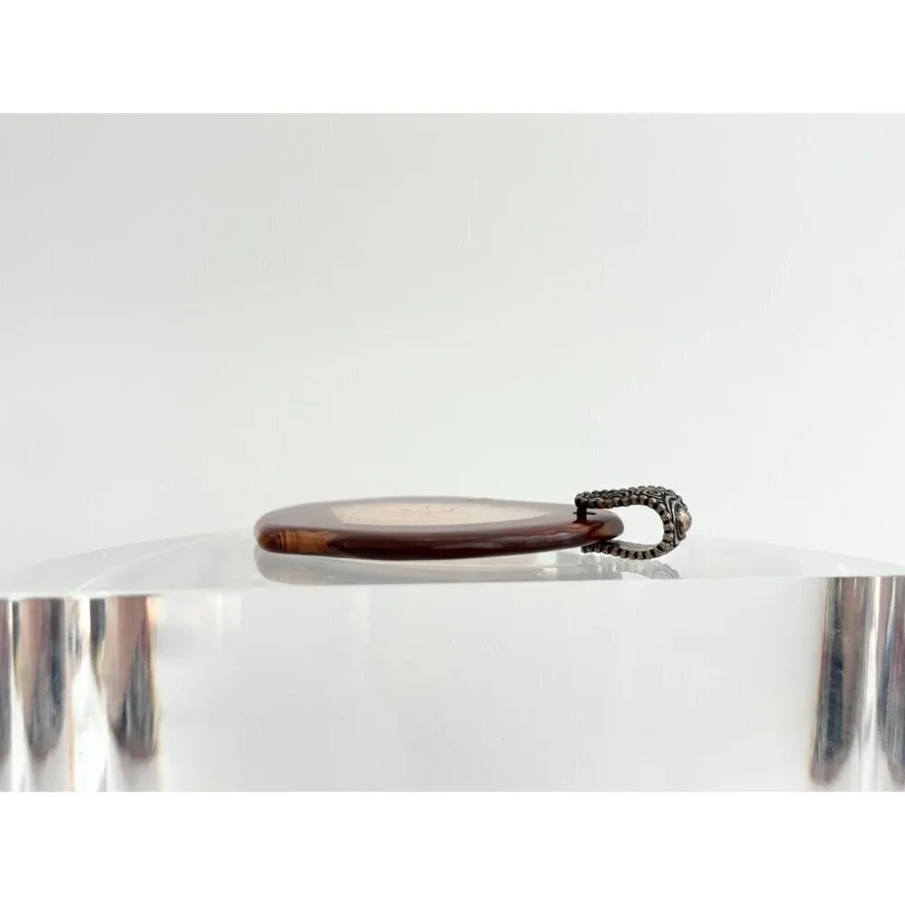 Polished Brown Crystal Free-Form Shaped Large Silver Toned Vintage Pendant
